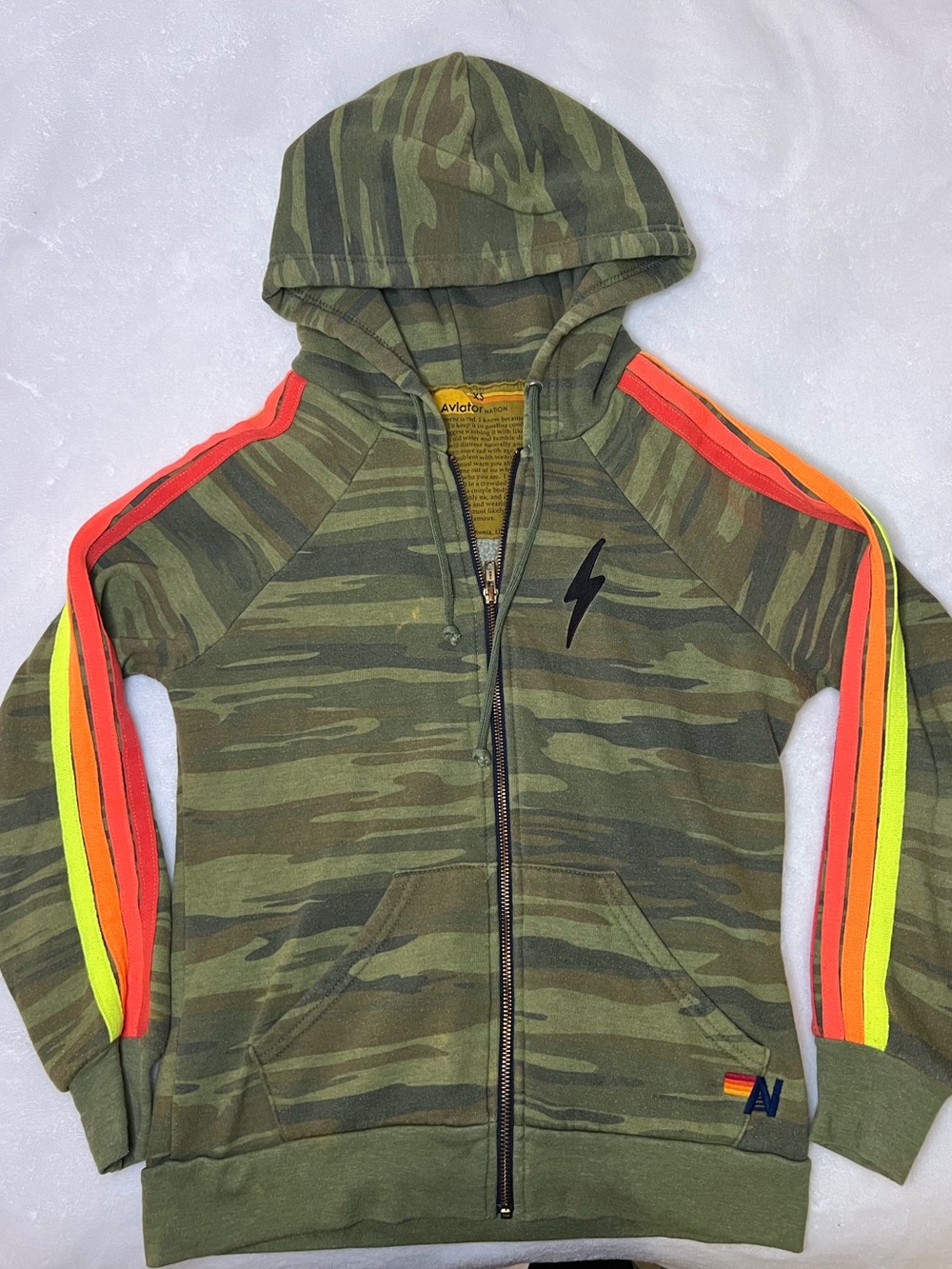 Aviator Nation Classic 4 Stripe Bolt Hoodie Sweater in Camo Neon Stripe